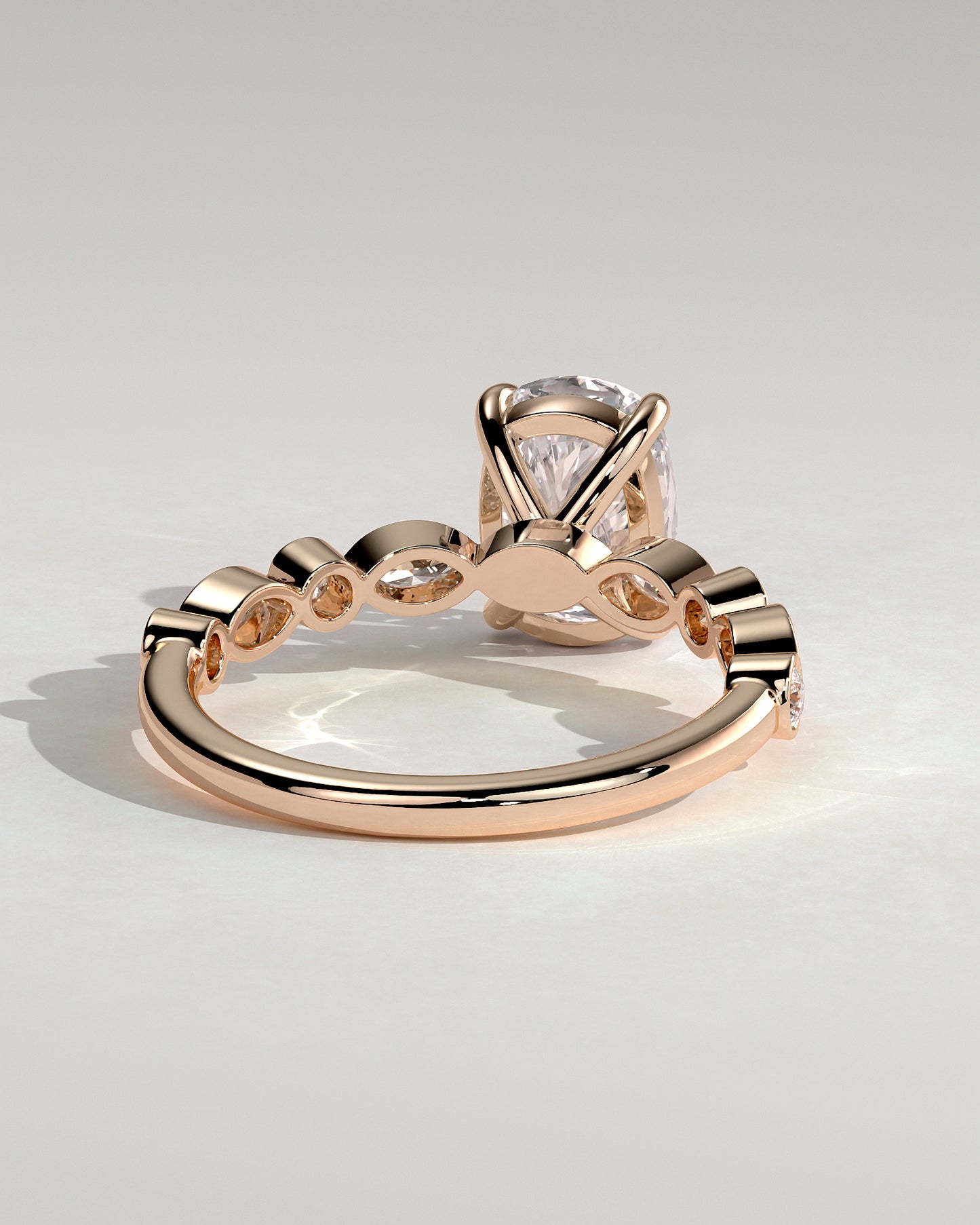 Carrie - Elongated Cushion Claw Solitaire with Round-Marquise Bezel Accent Stones Engagement Ring - Rose Gold - Rose Gold 2ct