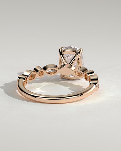 Carrie - Elongated Cushion Claw Solitaire with Round-Marquise Bezel Accent Stones Engagement Ring - Rose Gold