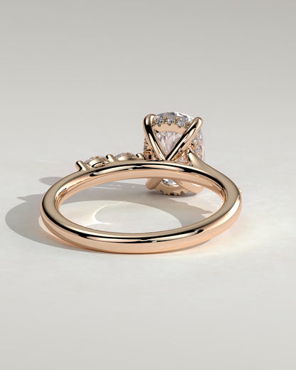 Elle - Elongated Cushion Claw Solitaire with Hidden Halo, Opposing Marquise Accents and Cathedral High Setting Engagement Ring - Rose Gold