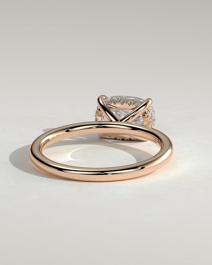 Frida - Elongated Cushion East West Claw Solitaire with Hidden Halo Engagement Ring - Rose Gold