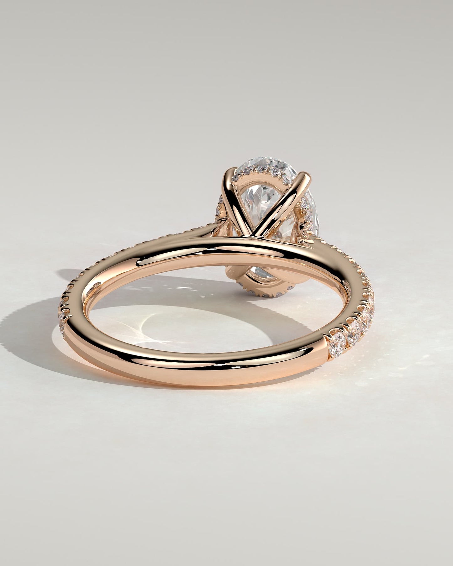 Julia - Oval Claw Solitaire with Hidden Halo, Pave Band and Cathedral High Setting Engagement Ring - Rose Gold