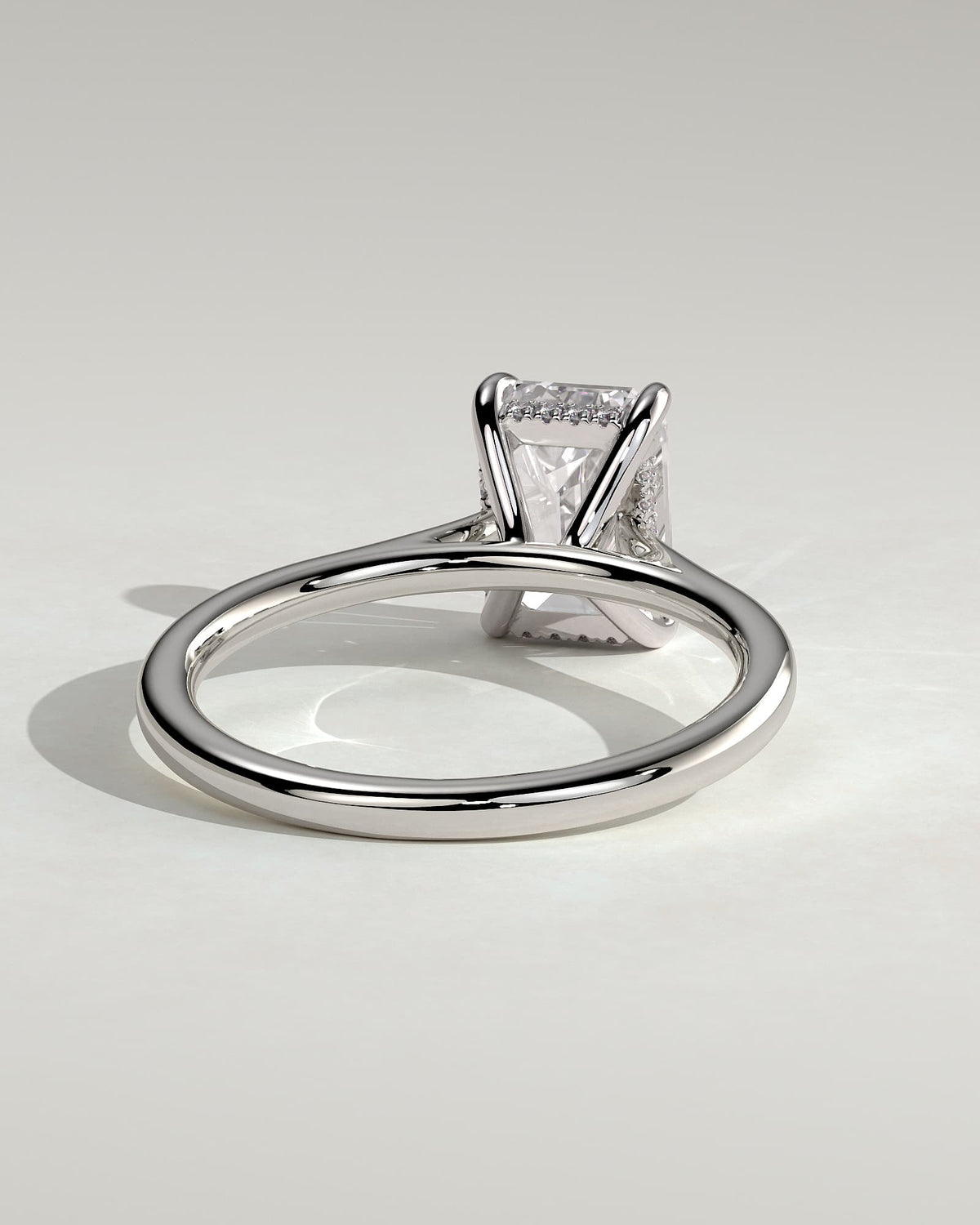 Angela - Radiant Claw Solitaire with Hidden Halo, Tapered Band and Cathedral High Setting Engagement Ring - White Gold