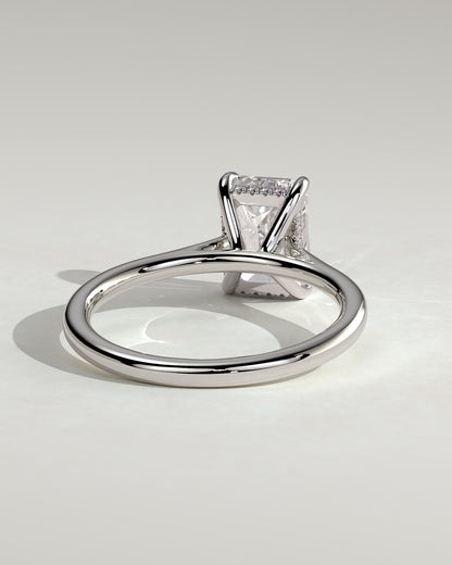 Angela - Radiant Claw Solitaire with Hidden Halo, Tapered Band and Cathedral High Setting Engagement Ring - White Gold