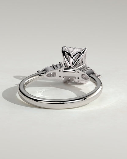 Heidi - Radiant Claw Solitaire with Pear Accents and Round Shoulder Stones Engagement Ring - White Gold