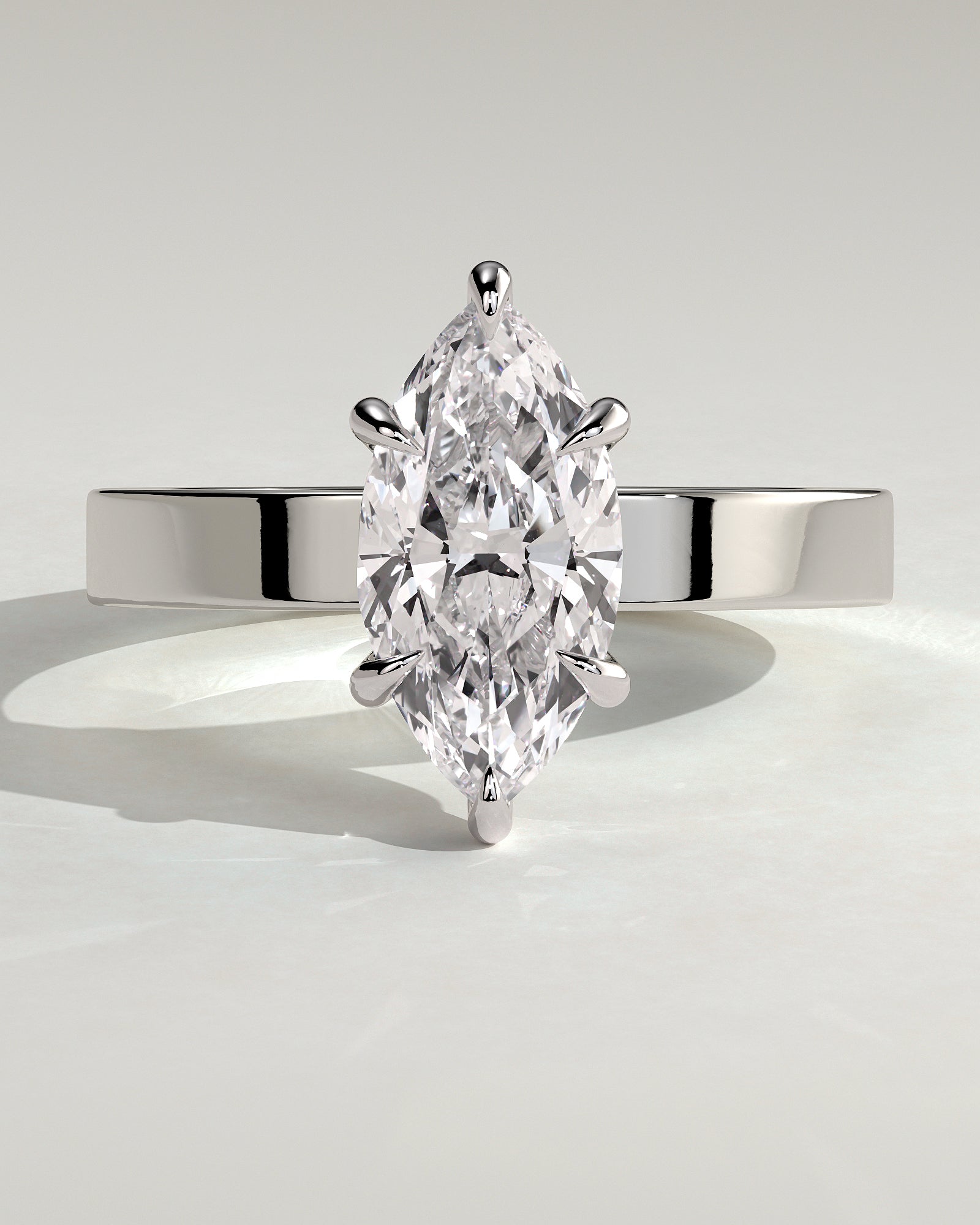 Aisha - Marquise Claw Solitaire with Flat Cigar Band and Hidden Halo Engagement Ring - Platinum - White Gold / Platinum 2ct