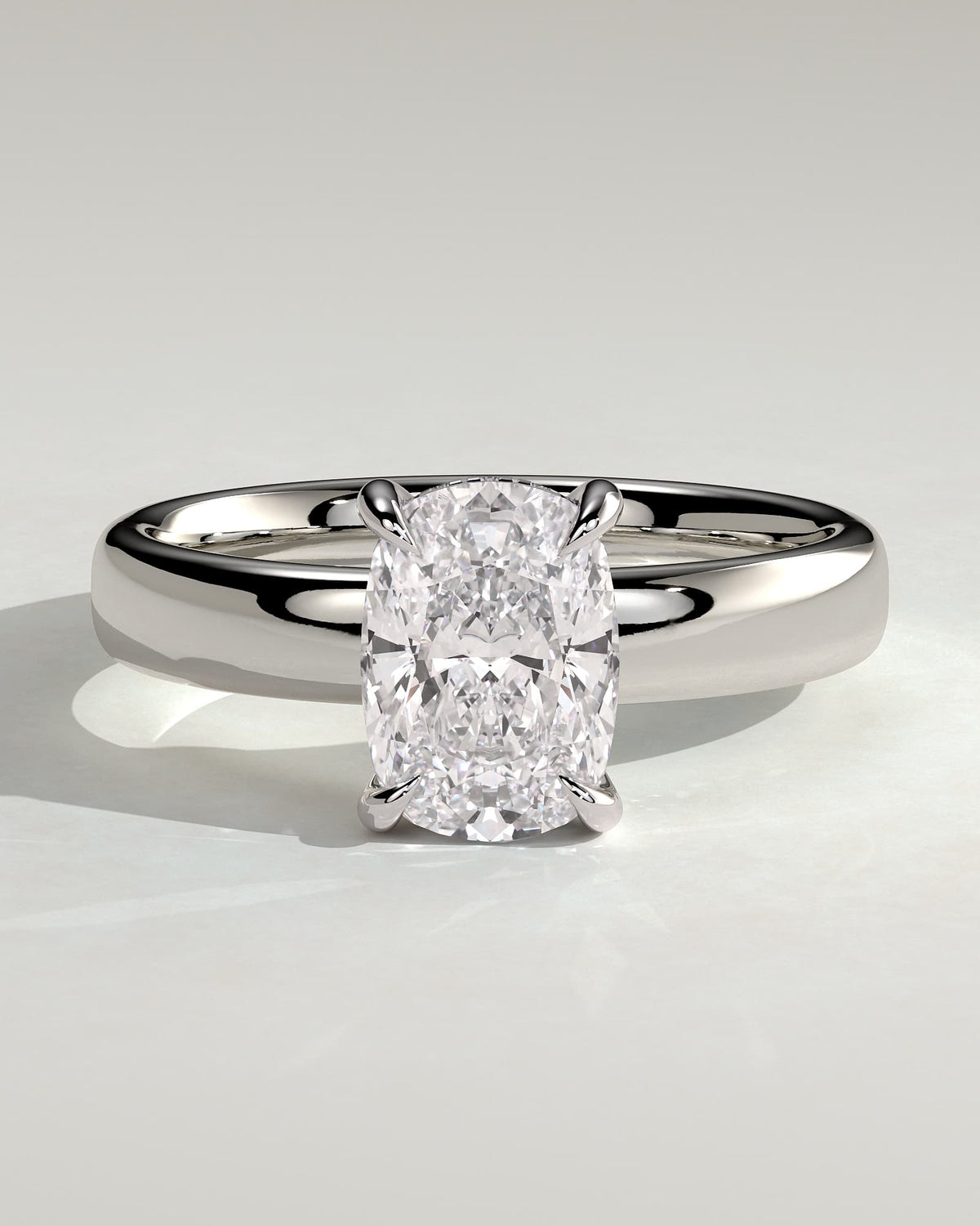 Cora - Elongated Cushion Claw Solitaire with Cigar Band and Hidden Halo Engagement Ring - White Gold