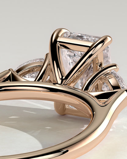 Davina - Emerald Claw Trilogy with Pear Side Stones and Cathedral Setting Engagement Ring - Rose Gold