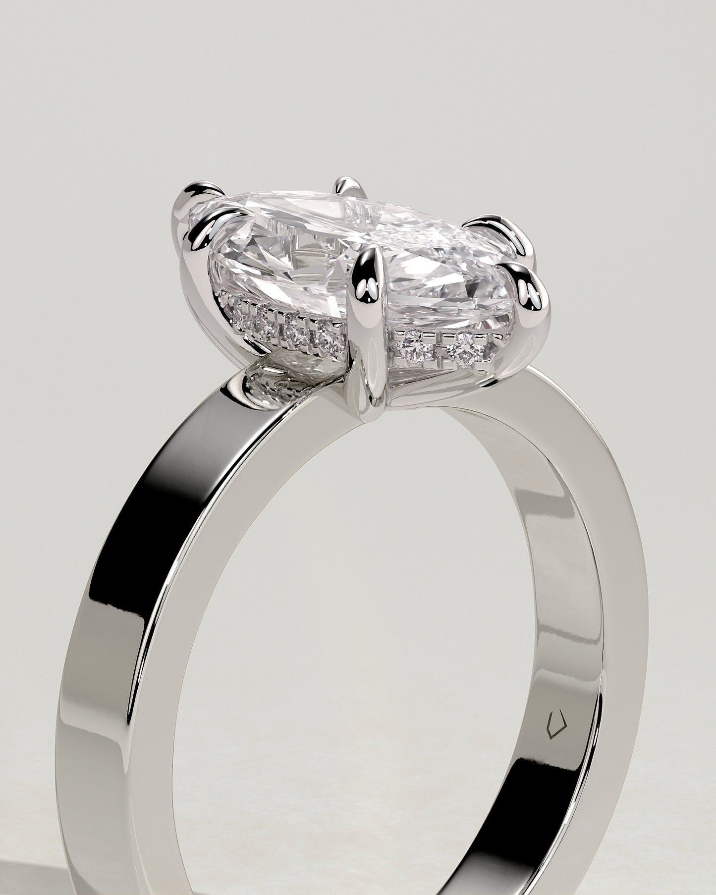 Aisha - Marquise Claw Solitaire with Flat Cigar Band and Hidden Halo Engagement Ring - Platinum - White Gold / Platinum 2ct
