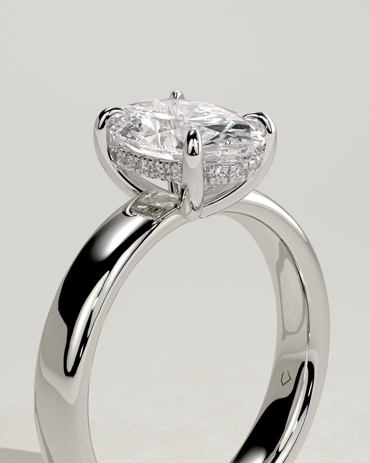 Bronte - Oval Claw Solitaire with Cigar Band and Hidden Halo Engagement Ring - White Gold