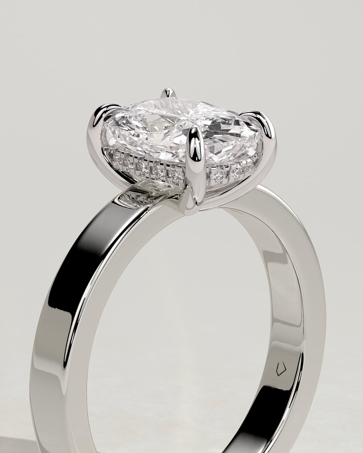Kai - Elongated Cushion Claw Solitaire with Flat Cigar Band and Hidden Halo Engagement Ring - White Gold