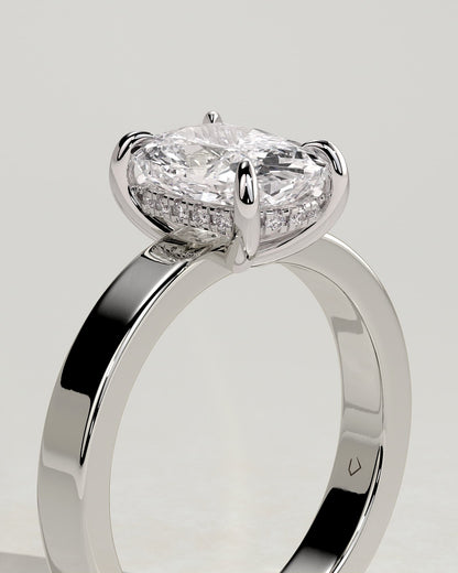 Kai - Elongated Cushion Claw Solitaire with Flat Cigar Band and Hidden Halo Engagement Ring - White Gold