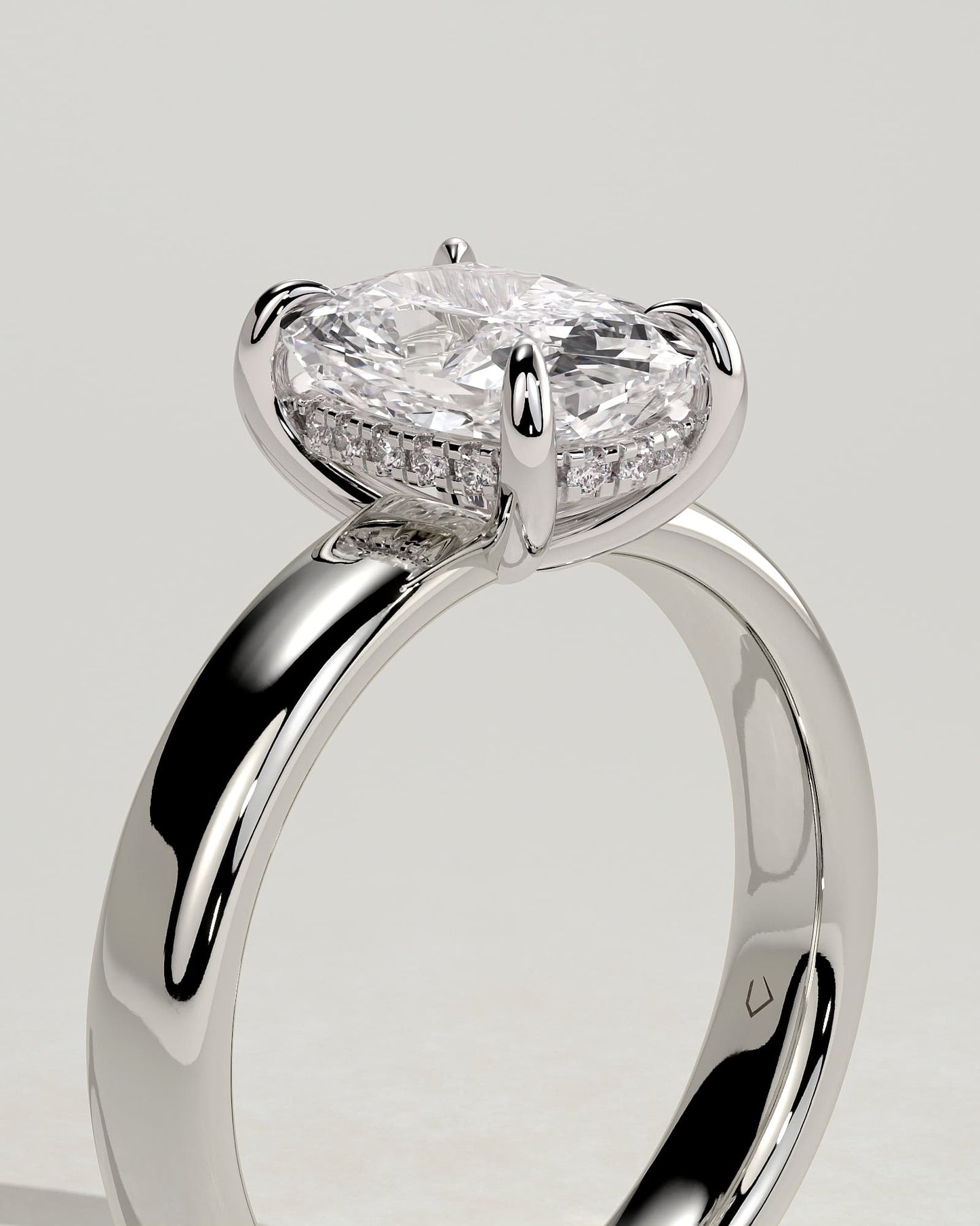 Cora - Elongated Cushion Claw Solitaire with Cigar Band and Hidden Halo Engagement Ring - White Gold