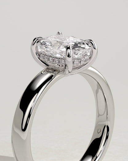 Cora - Elongated Cushion Claw Solitaire with Cigar Band and Hidden Halo Engagement Ring - White Gold