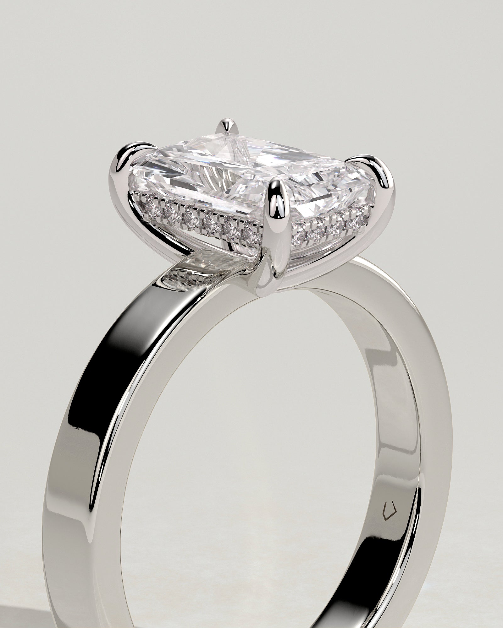 Aida - Radiant Claw Solitaire with Flat Cigar Band and Hidden Halo Engagement Ring - Platinum - White Gold / Platinum 2ct