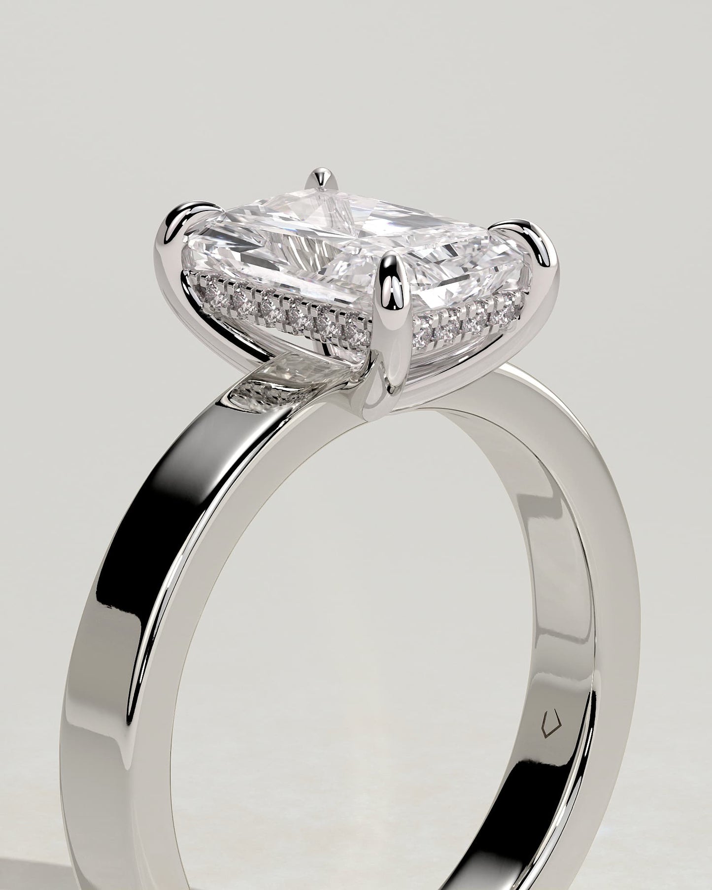 Aida - Radiant Claw Solitaire with Flat Cigar Band and Hidden Halo Engagement Ring - White Gold - white gold - Lara Jewels