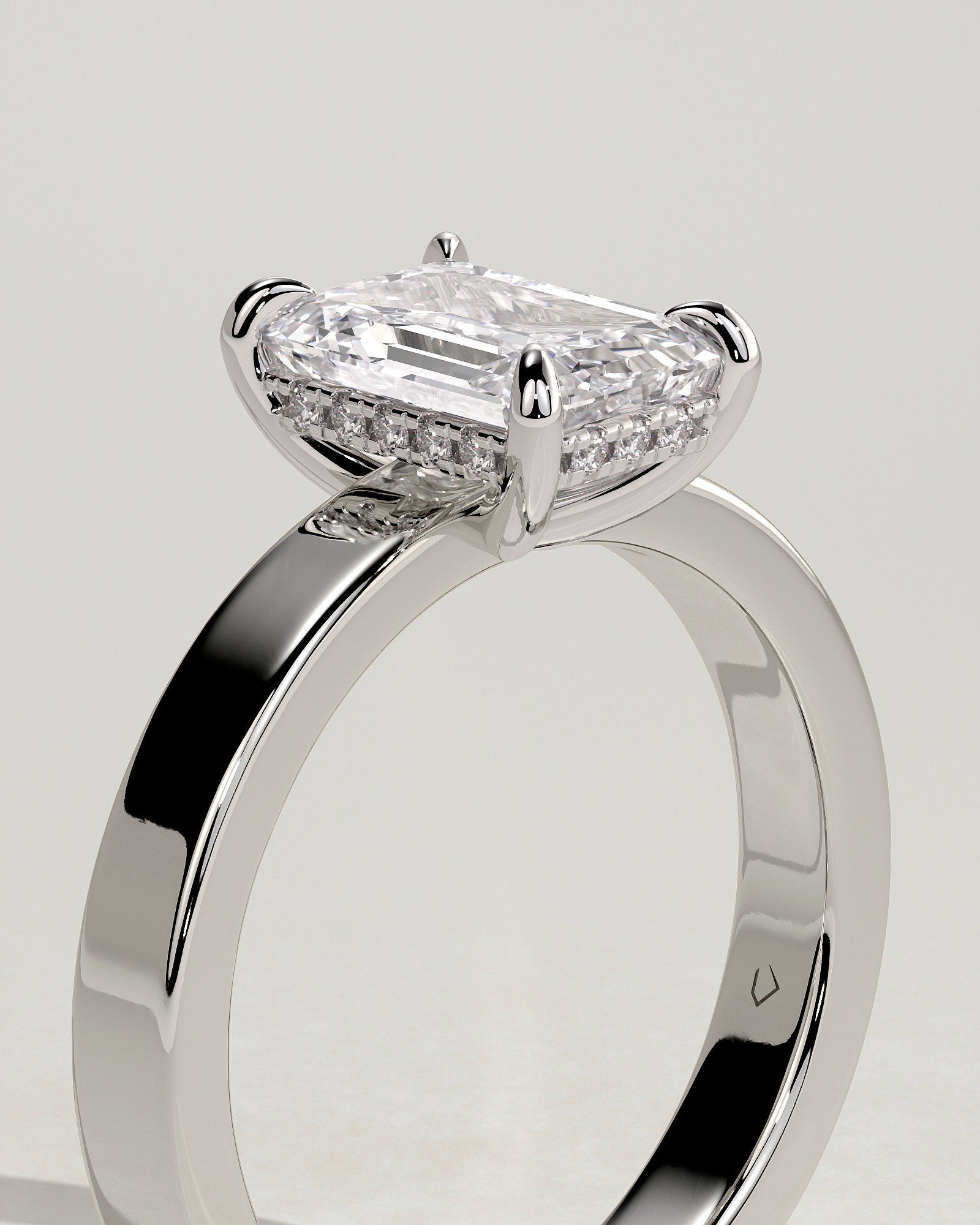 Carmella - Emerald Claw Solitaire with Flat Cigar Band and Hidden Halo Engagement Ring - Platinum - White Gold / Platinum 2ct