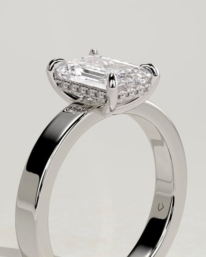 Carmella - Emerald Claw Solitaire with Flat Cigar Band and Hidden Halo Engagement Ring - White Gold