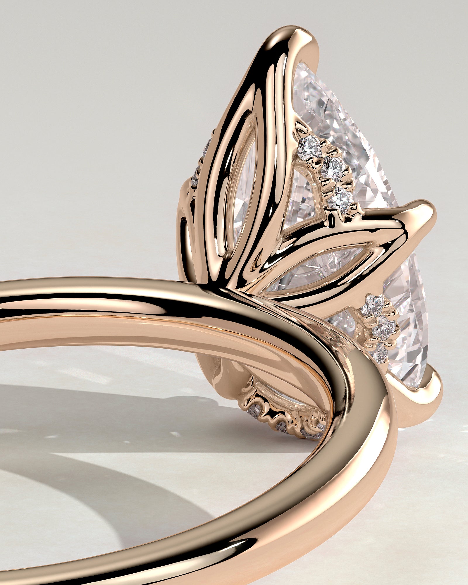 Blossom - Pear Claw Solitaire with Petal Gallery and Accented Tiara Detail Engagement Ring - Rose Gold - Rose Gold 2ct