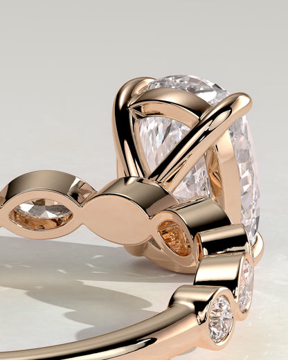 Carrie - Elongated Cushion Claw Solitaire with Round-Marquise Bezel Accent Stones Engagement Ring - Rose Gold