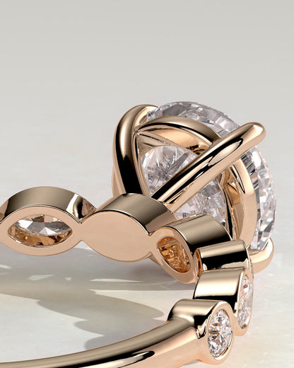 Cartia - Round Claw Solitaire with Round-Marquise Bezel Accent Stones Engagement Ring - Rose Gold