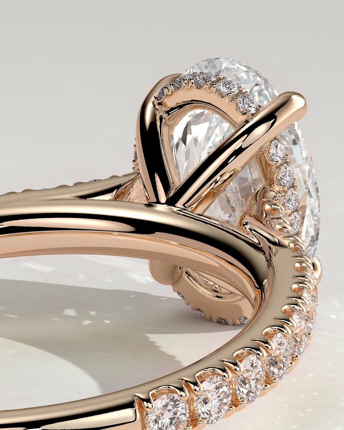Julia - Oval Claw Solitaire with Hidden Halo, Pave Band and Cathedral High Setting Engagement Ring - Rose Gold
