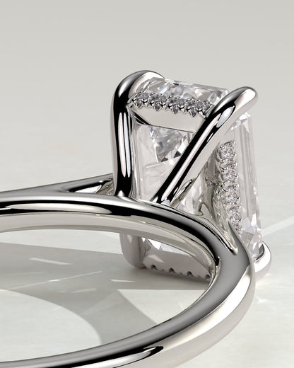 Angela - Radiant Claw Solitaire with Hidden Halo, Tapered Band and Cathedral High Setting Engagement Ring - White Gold