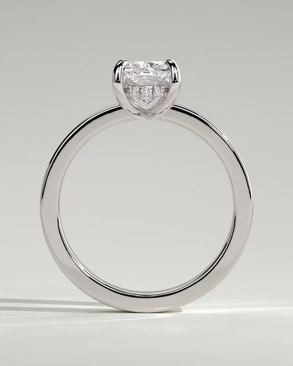 Kai - Elongated Cushion Claw Solitaire with Flat Cigar Band and Hidden Halo Engagement Ring - White Gold