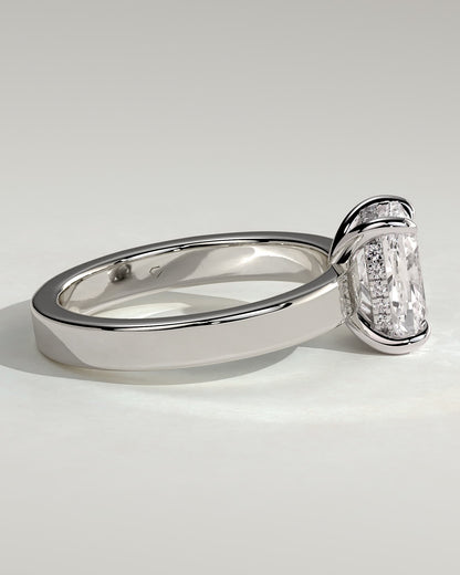 Kai - Elongated Cushion Claw Solitaire with Flat Cigar Band and Hidden Halo Engagement Ring - White Gold