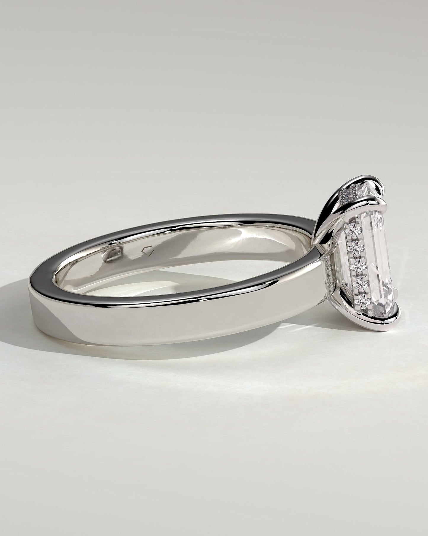 Carmella - Emerald Claw Solitaire with Flat Cigar Band and Hidden Halo Engagement Ring - White Gold