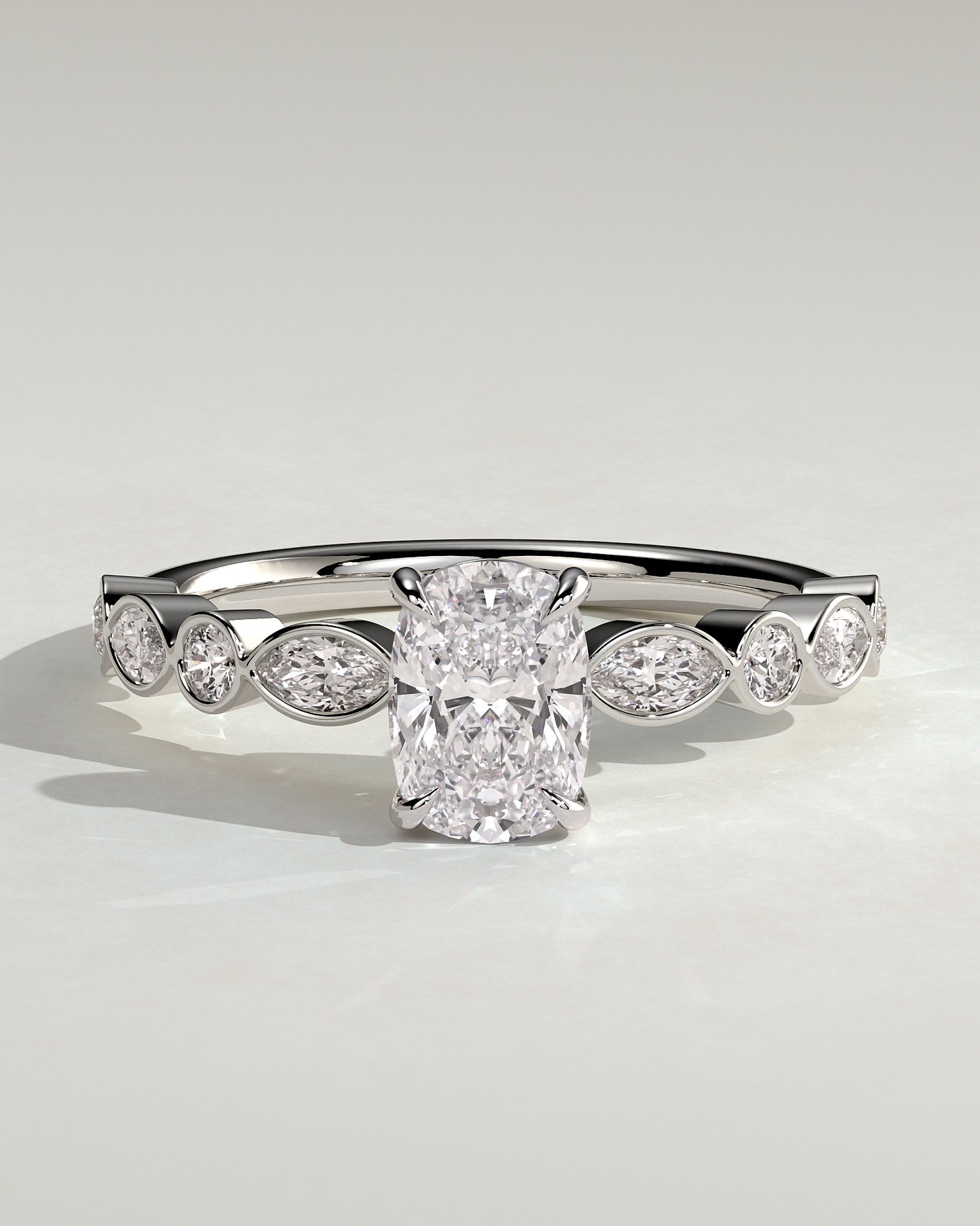 Carrie - Elongated Cushion Claw Solitaire with Round-Marquise Bezel Accent Stones Engagement Ring - Platinum