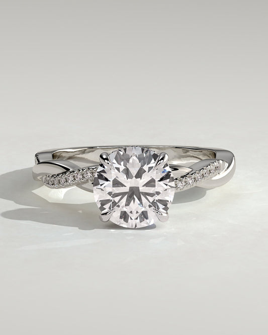Lorelai - Round Claw Solitaire with Hidden Halo and Twisted Alternating Pave Band Engagement Ring - White Gold