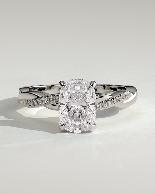 Violetta - Elongated Cushion Claw Solitaire with Hidden Halo and Twisted Alternating Pave Band Engagement Ring - Platinum