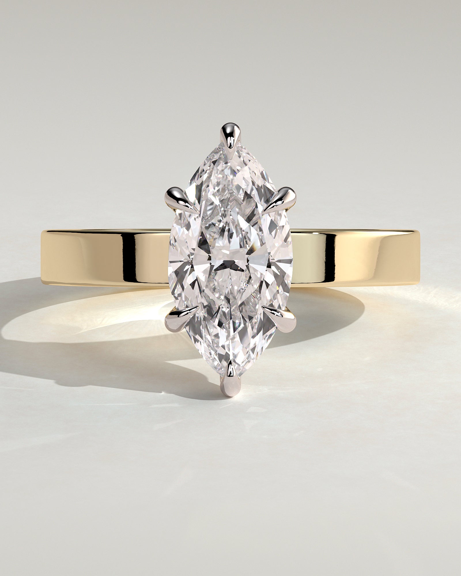 Aisha - Marquise Claw Solitaire with Flat Cigar Band and Hidden Halo Engagement Ring - Yellow Two-Tone - Yellow Two-Tone 2ct