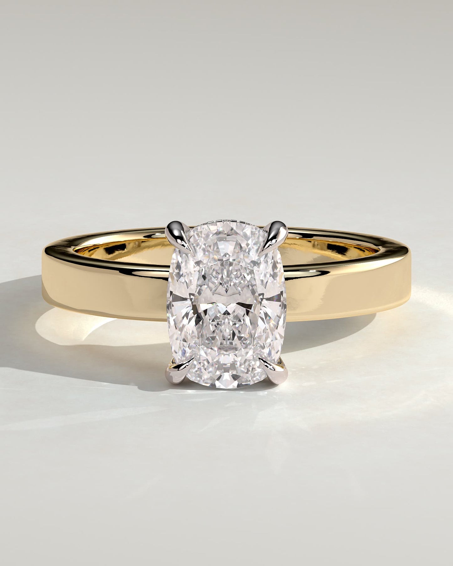 Kai - Elongated Cushion Claw Solitaire with Flat Cigar Band and Hidden Halo Engagement Ring - Yellow Two-Tone