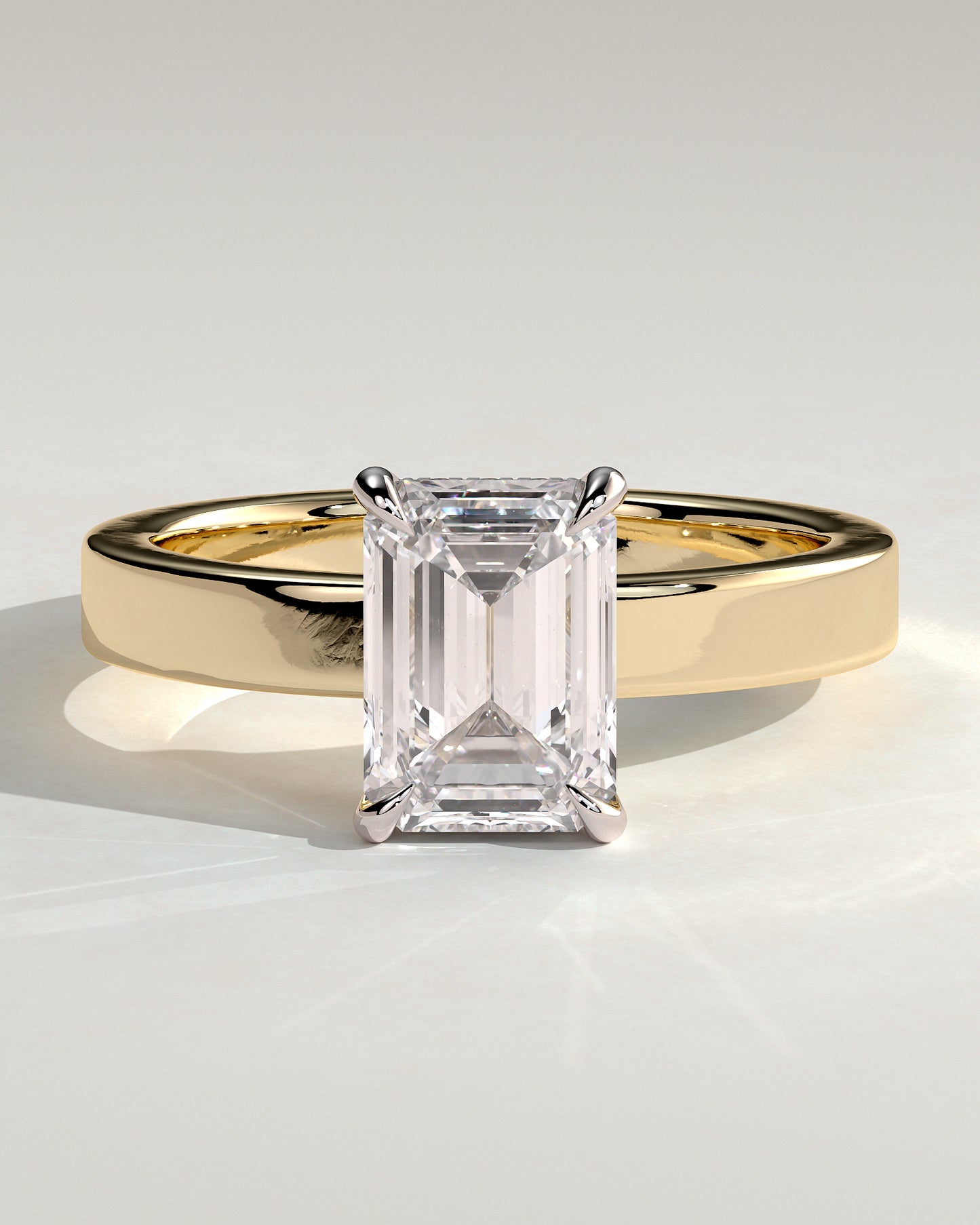 Carmella - Emerald Claw Solitaire with Flat Cigar Band and Hidden Halo Engagement Ring - Yellow Two-Tone - Yellow Two-Tone 2ct