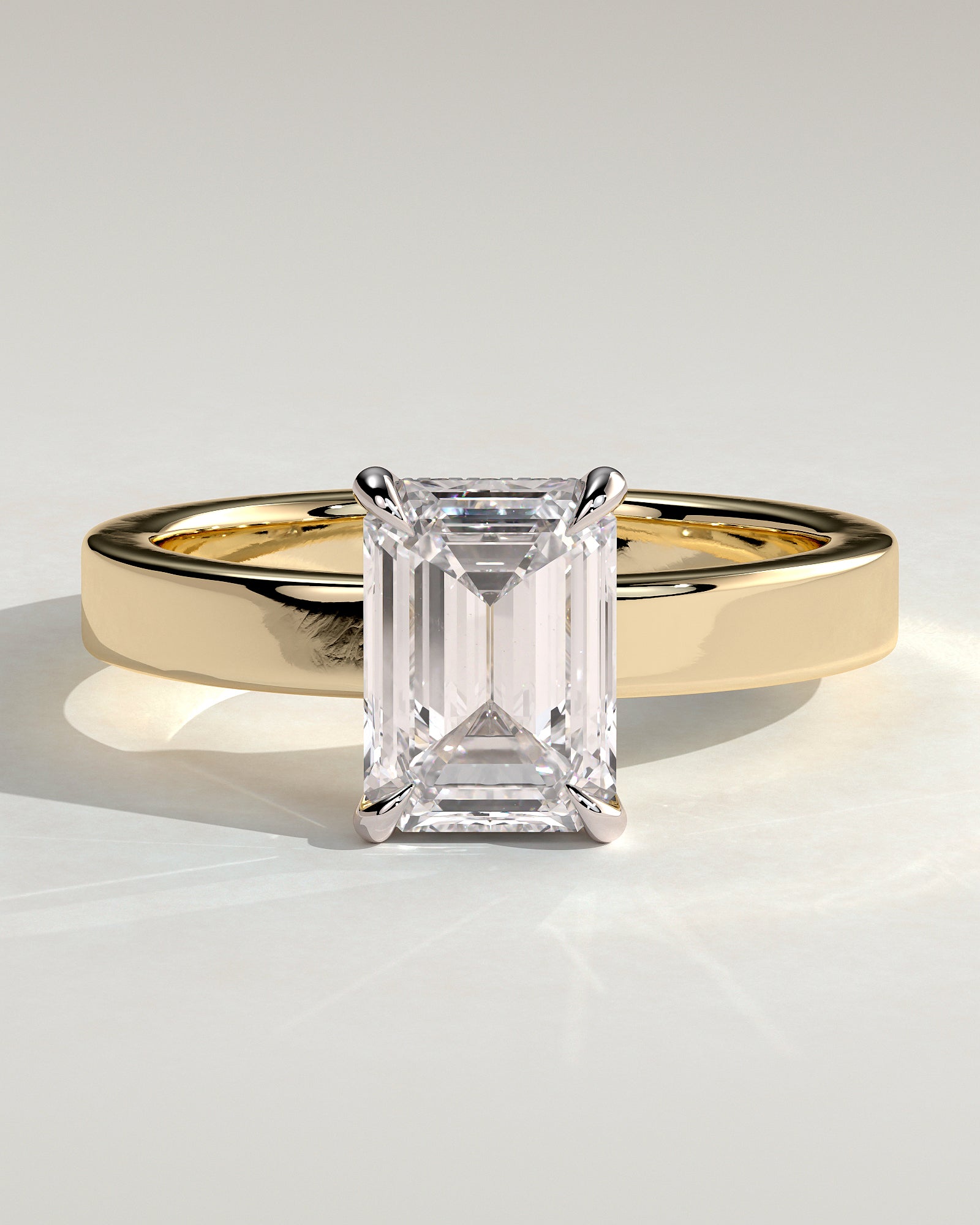 Carmella - Emerald Claw Solitaire with Flat Cigar Band and Hidden Halo Engagement Ring - Yellow Two-Tone - Yellow Two-Tone 2ct