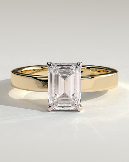 Carmella - Emerald Claw Solitaire with Flat Cigar Band and Hidden Halo Engagement Ring - Yellow Two-Tone