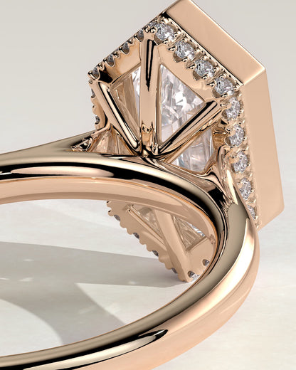 Gloria - Elongated Hexagon Bezel Solitaire with Hidden Halo and Cathedral High Setting Engagement Ring - Rose Gold