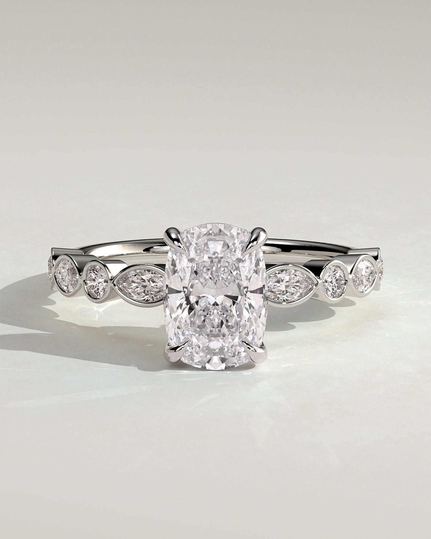 Carrie - Elongated Cushion Claw Solitaire with Round-Marquise Bezel Accent Stones Engagement Ring - Platinum - White Gold / Platinum 2ct