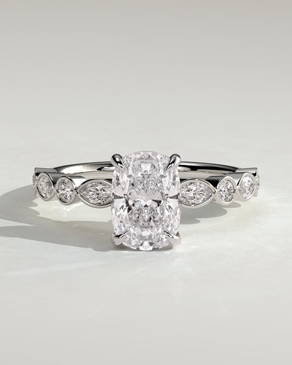 Carrie - Elongated Cushion Claw Solitaire with Round-Marquise Bezel Accent Stones Engagement Ring - White Gold