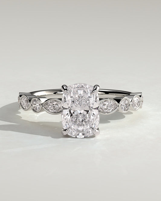 Carrie - Elongated Cushion Claw Solitaire with Round-Marquise Bezel Accent Stones Engagement Ring - White Gold