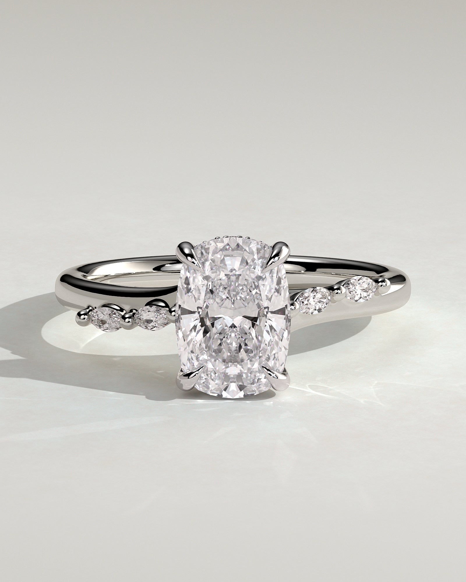 Elle - Elongated Cushion Claw Solitaire with Hidden Halo, Opposing Marquise Accents and Cathedral High Setting Engagement Ring - Platinum - White Gold / Platinum 2ct