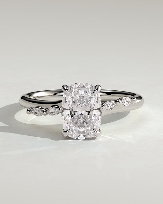 Elle - Elongated Cushion Claw Solitaire with Hidden Halo, Opposing Marquise Accents and Cathedral High Setting Engagement Ring - Platinum