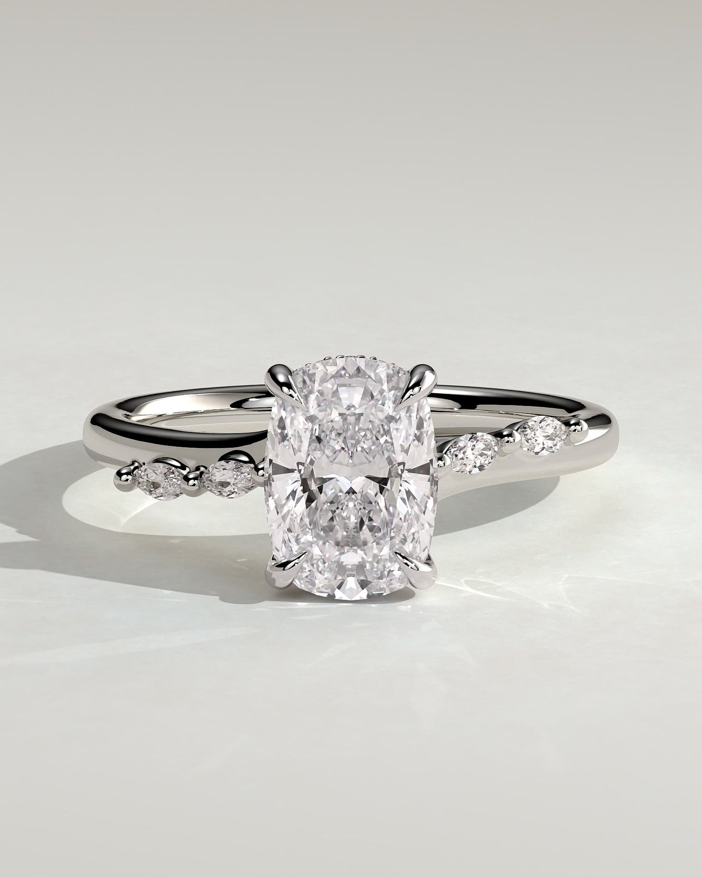 Elle - Elongated Cushion Claw Solitaire with Hidden Halo, Opposing Marquise Accents and Cathedral High Setting Engagement Ring - White Gold