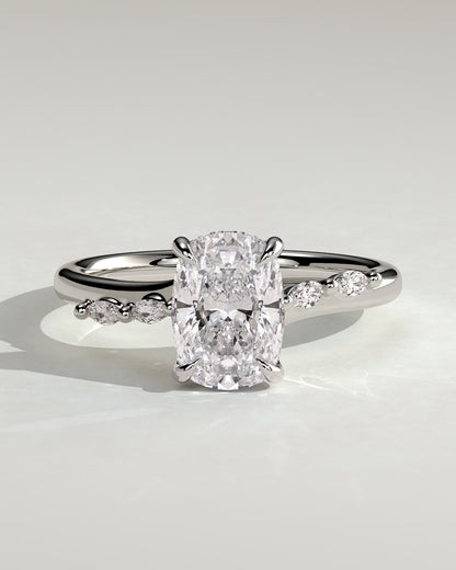 Elle - Elongated Cushion Claw Solitaire with Hidden Halo, Opposing Marquise Accents and Cathedral High Setting Engagement Ring - White Gold
