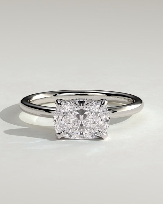 Frida - Elongated Cushion East West Claw Solitaire with Hidden Halo Engagement Ring - Platinum
