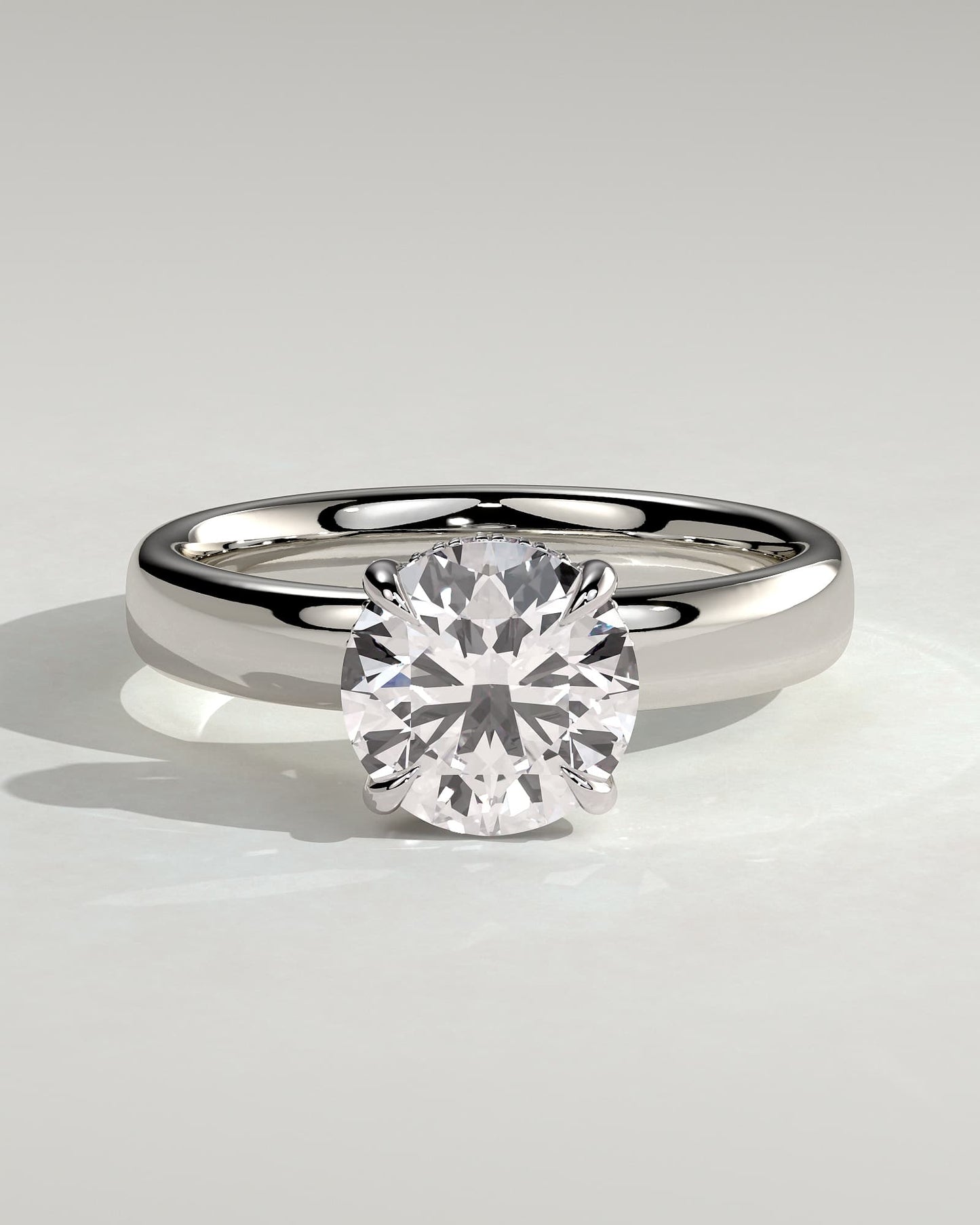 Kylie - Statement Round Claw Solitaire with Cigar Band and Hidden Halo Engagement Ring - White Gold