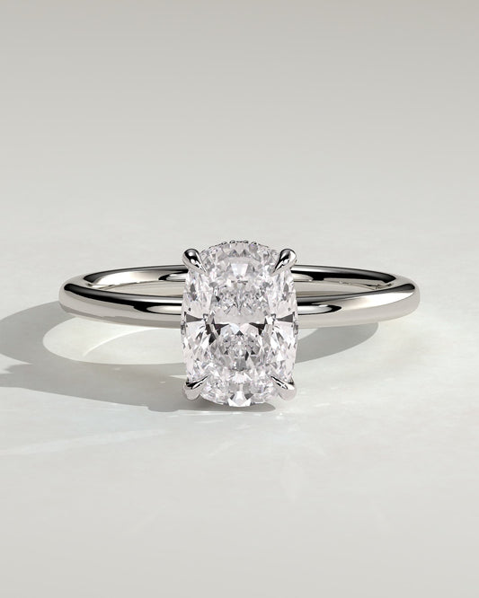 Melanie - Elongated Cushion Claw Solitaire with Wrap Around Hidden Halo Engagement Ring - White Gold