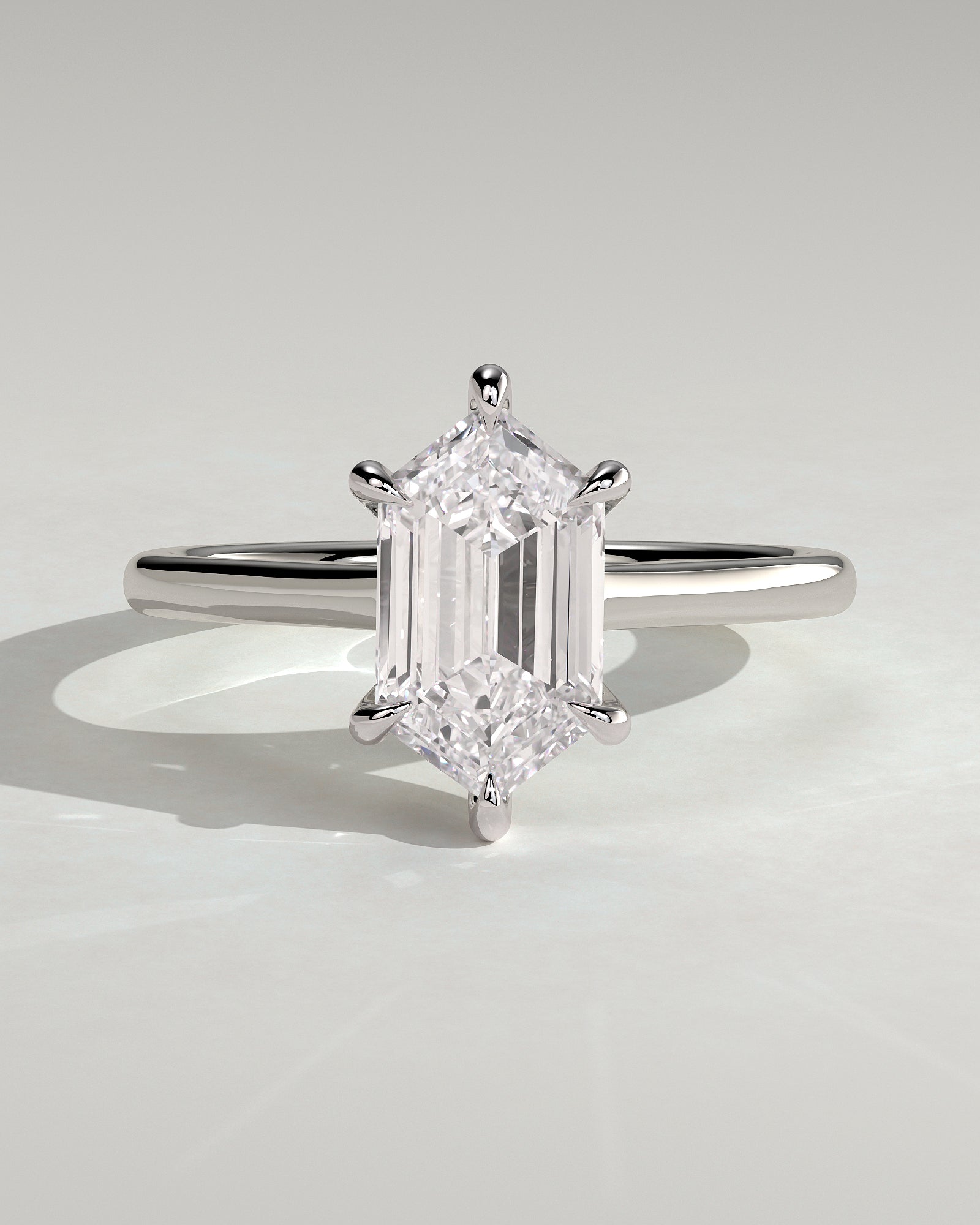 Anastasia - Elongated Hexagon Claw Solitaire with Hidden Halo and Cathedral High Setting Engagement Ring - Platinum - White Gold / Platinum 2ct