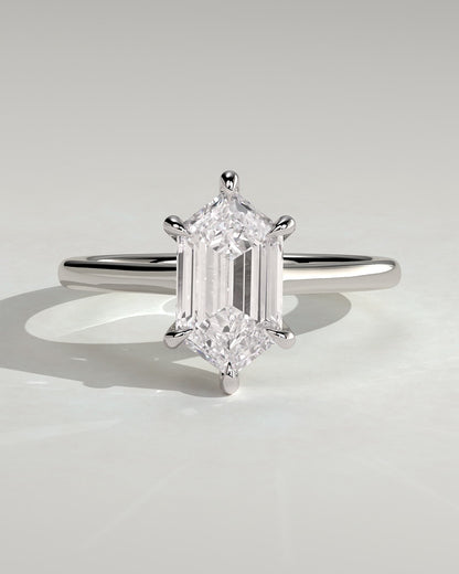 Anastasia - Elongated Hexagon Claw Solitaire with Hidden Halo and Cathedral High Setting Engagement Ring - Platinum